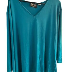 Bob Mackie Women's size 3X plus size Teal Top v neck green button/long sleeve